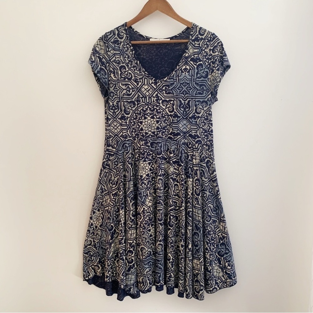 Peruvian Connection Pima Cotton Knit Fit & Flare Dress Blue Mosaic Batik
